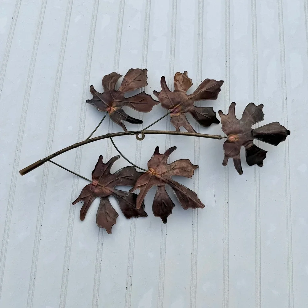 Vintage Copper Tone Metal Leaf Branch Wall Art Sculpture 18 Inch MCM Decor